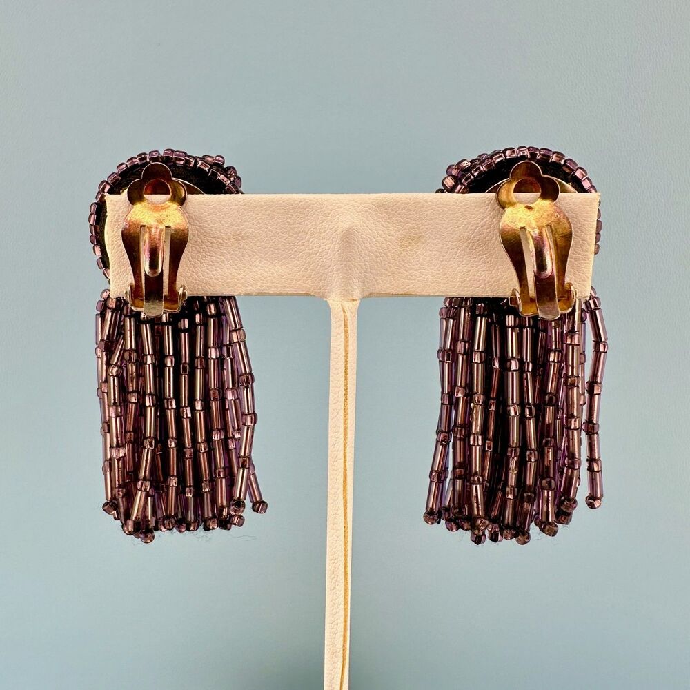 Vintage Purple Seed Bead Tassel Earrings Iridescent Clip On Dangle Hand Sewn - Picture 7 of 11